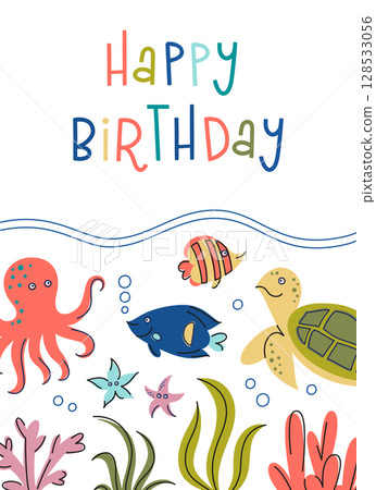 Flat cartoon vector illustration of kids birthday card with sea animals. Underwater scene with octopus, turtle, clown fish, starfish, corals, seaweed. Marine poster, celebration, childrens party Flat cartoon vector illustration of kids birthday card with sea animals. Underwater scene with octopus, turtle, clown fish, starfish, corals, seaweed. Marine poster, celebration, childrens party 128533056
