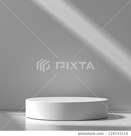 White podium with shadows on a gray wall. Generative AI 128533118