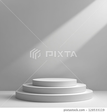 Two-tier white podium on a light gray background. Generative AI 128533119
