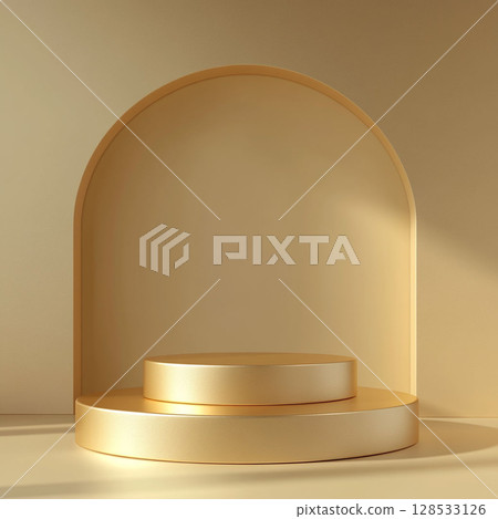 Two-tiered golden podium with an arched backdrop. Generative AI Two-tiered golden podium with an arched backdrop. Generative AI 128533126