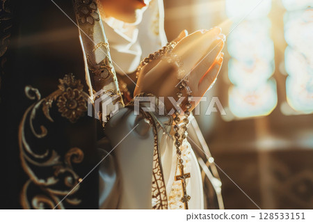A woman holds a cross in her hands and prays intently in a Christian church, AI generation 128533151