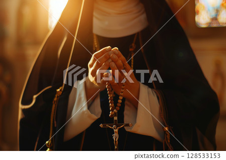 A woman holds a cross in her hands and prays intently in a Christian church, AI generation 128533153