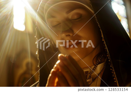A woman holds a cross in her hands and prays intently in a Christian church, AI generation 128533154