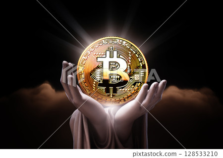 Bitcoin in the white hands of a closeup, generative ai 128533210