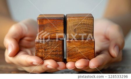 wooden cube block on hand man for mockup . generative AI. 128533296