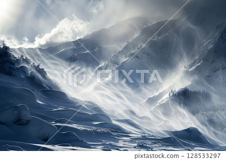 Winter Mountains Landscape Alps during Snowfall. Snow covered mountain landscape in winter.ai generative 128533297