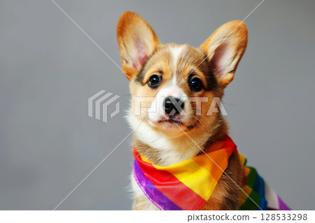 Corgi dog in pride parade. Concept of LGBTQ pride. AI generated 128533298