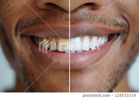 veneers treatment, Yellow Teeth before and after whitening. Happy smiling person. Generation AI 128533319