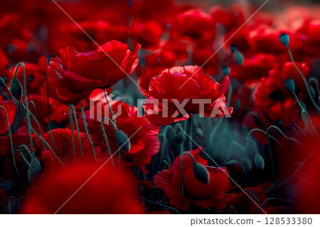 Beautiful Poppies flowers summer landscape - field full of red Poppies flowers, AI Generated 128533380