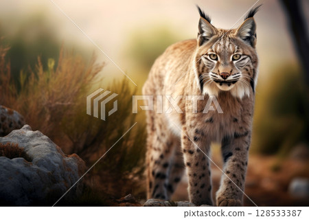 Eurasian lynx walking in natural habitat. Wildlife scene. Generative AI 128533387