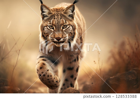 Eurasian lynx walking in natural habitat. Wildlife scene. Generative AI 128533388