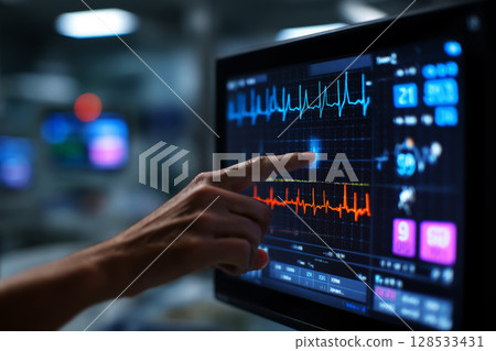 EKG Medical monitor displaying heart rate with finger hand touching machine. 128533431