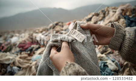 A close-up shot of hands holding up a light grey sweater on mountain of discarded textiles and clothing that stretches across the arid Chilean desert landscape. The vastness of the Atacama Desert A close-up shot of hands holding up a light grey sweater on mountain of discarded textiles and clothing that stretches across the arid Chilean desert landscape. The vastness of the Atacama Desert 128533482