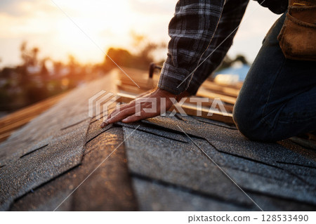 A close-up image of a home repair, focusing on a roofer installing shingles on a roof. A close-up image of a home repair, focusing on a roofer installing shingles on a roof. 128533490