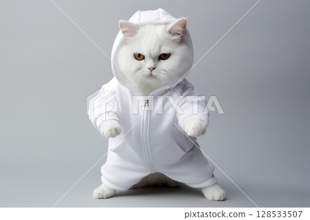 cat wearing white hoodie sweatshirt modern fashion clothed . AI generative 128533507