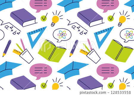 Flat cartoon vector pattern with education and science elements. Seamless background with books, rulers, formulas, graduation cap, light bulb icons, check marks. Academic and school design 128533558