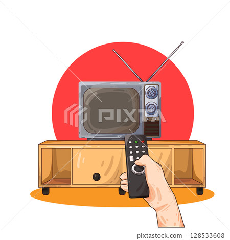 illustration of Hand Holding Remote Control Front Tv 128533608