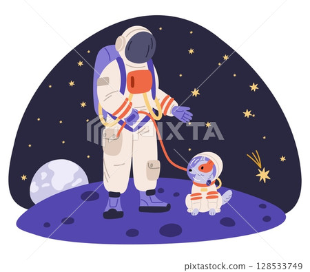 Astronaut with dog in spacesuits on new planet among stars and comets. Universe exploration. Animal cosmonaut. Moon expedition. Spacewalk explore. Astronomy science. Vector concept 128533749