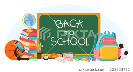 Back to school. Students stationery and books. Note board. Backpack with office supplies. College education. Class blackboard. Microscope and ball. Knowledge learning. Vector concept 128533752