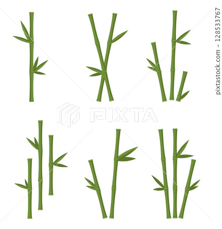 Bamboo stems of different sizes with leaves. Green segmented straight trunks. Chinese greenery. Hawaiian natural plant. Summer beach. Asian forest trees. Simple botanical icons vector set 128533767