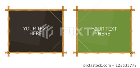 Black and green bamboo writing board. Segmented tree trunks. Chinese botanical square borders. Asian tied sticks. Beach wooden signboards. Tropical billboard. Vector summer banners set Black and green bamboo writing board. Segmented tree trunks. Chinese botanical square borders. Asian tied sticks. Beach wooden signboards. Tropical billboard. Vector summer banners set 128533772