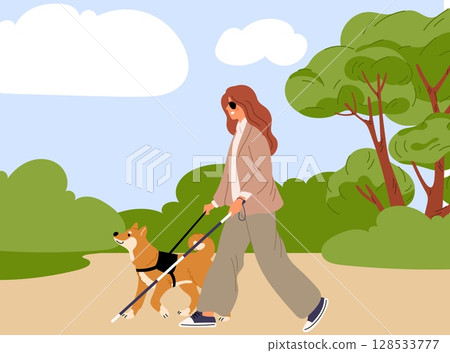 Blind woman walks with her guide dog in city park. Disabled persons outdoor stroll. Pet leading handicapped female. Trained animal companion. Handicap accessibility. Vector concept Blind woman walks with her guide dog in city park. Disabled persons outdoor stroll. Pet leading handicapped female. Trained animal companion. Handicap accessibility. Vector concept 128533777