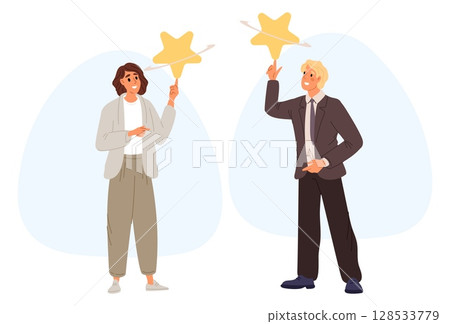 Business woman and man twirl star on their index finger. Feedback review. Ranking evaluation. People spinning satisfied mark. Satisfaction grade icon rotating on hand. Vector concept 128533779