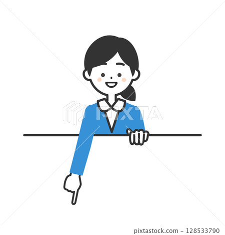 Illustration of a woman in a suit pointing downwards from the top of the frame Illustration of a woman in a suit pointing downwards from the top of the frame 128533790