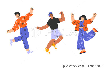 Happy Dancing People Wearing Colorful Outfits Expressing Their Joy and Happiness Together 128533815
