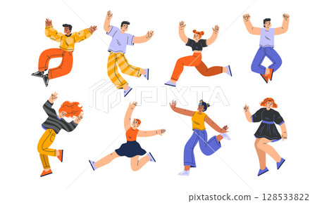 A vibrant group joyfully dances together to celebrate at an energetic and exciting event A vibrant group joyfully dances together to celebrate at an energetic and exciting event 128533822