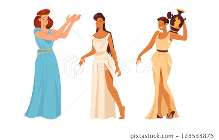 Elegant Women Adorned in Beautiful Ancient Style Attire with Intricate Details and Design Elegant Women Adorned in Beautiful Ancient Style Attire with Intricate Details and Design 128533876