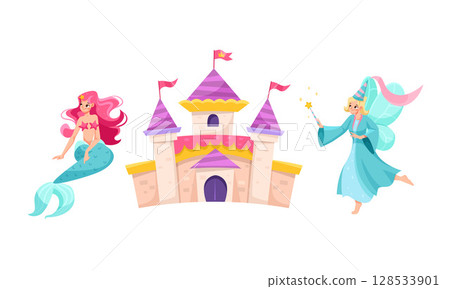 A colorful Fairy Tale Castle where a Mermaid and Sorceress share adventures together 128533901