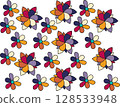 A repeating pattern of colorful, stylized star or flower shapes on a white background. 128533948