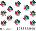 A repeating pattern of colorful, stylized star or flower shapes on a white background. 128533949