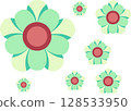 A repeating pattern of colorful, stylized star or flower shapes on a white background. 128533950
