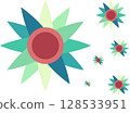 A repeating pattern of colorful, stylized star or flower shapes on a white background. 128533951