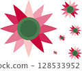 A repeating pattern of colorful, stylized star or flower shapes on a white background. 128533952