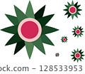 A repeating pattern of colorful, stylized star or flower shapes on a white background. 128533953