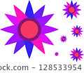 A repeating pattern of colorful, stylized star or flower shapes on a white background. 128533954