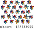 A repeating pattern of colorful, stylized star or flower shapes on a white background. 128533955