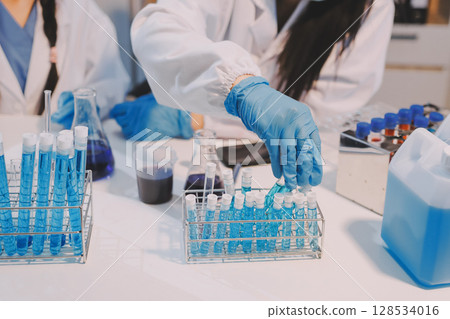 Modern Empty Science Laboratory With Microscopes, Test Tubes And Other Laboratory Equipments Modern Empty Science Laboratory With Microscopes, Test Tubes And Other Laboratory Equipments 128534016