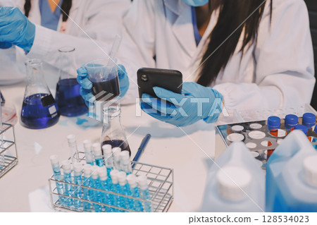 Modern Empty Science Laboratory With Microscopes, Test Tubes And Other Laboratory Equipments Modern Empty Science Laboratory With Microscopes, Test Tubes And Other Laboratory Equipments 128534023