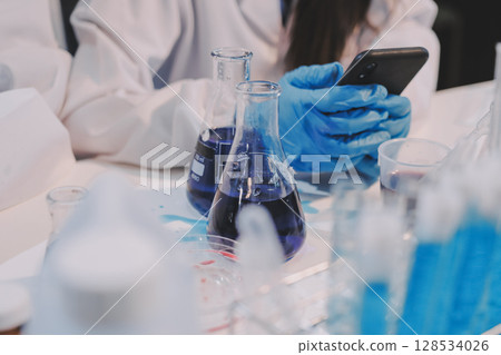 Modern Empty Science Laboratory With Microscopes, Test Tubes And Other Laboratory Equipments 128534026