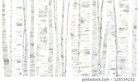 Watercolor illustration of a snowy birch forest. Quiet winter forest image background. 128534232