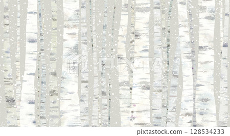 Snowy birch forest background. Quiet winter forest image. Snowy birch forest background. Quiet winter forest image. 128534233