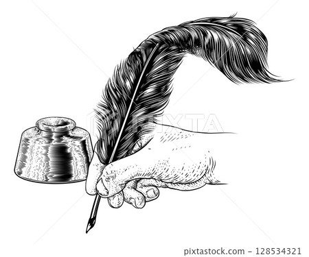 Quill Feather Ink Pen Hand Vintage Woodcut Print 128534321