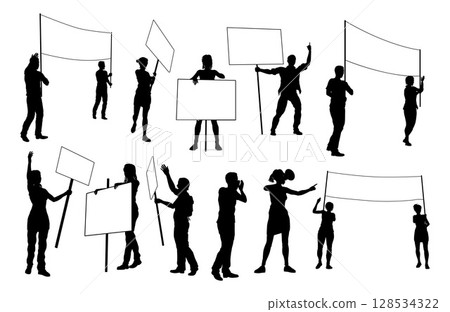 Protest Rally March Banner Sign Silhouette People 128534322