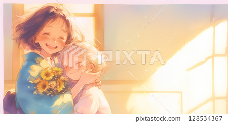 父母和孩子互相擁抱 128534367