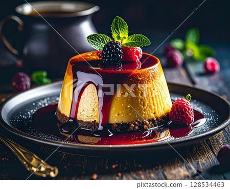A firm pudding topped with plenty of caramel sauce A firm pudding topped with plenty of caramel sauce 128534463
