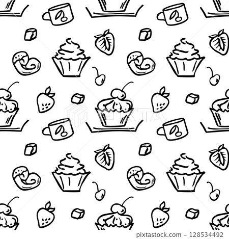 Seamless doodles pattern with bakery elements black on white 128534492